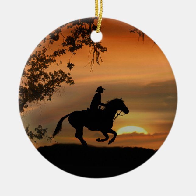 Cowboy Riding Horse in the Sunset Ceramic Ornament (Front)