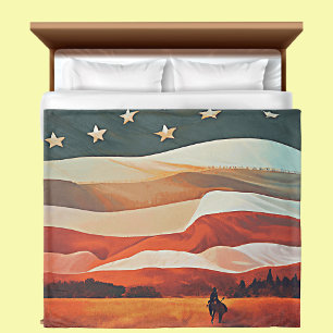 Cowboy Riding into Flag Sunset Duvet Cover