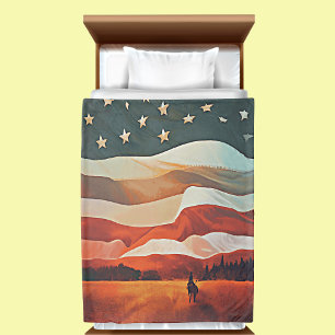 Cowboy Riding into Flag Sunset Duvet Cover