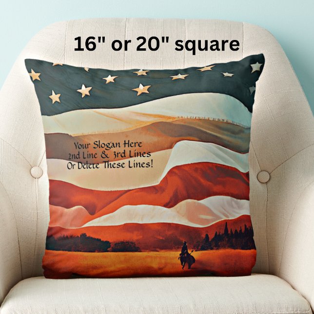 Cowboy Riding into Flag Sunset  Throw Pillow (Creator Uploaded)