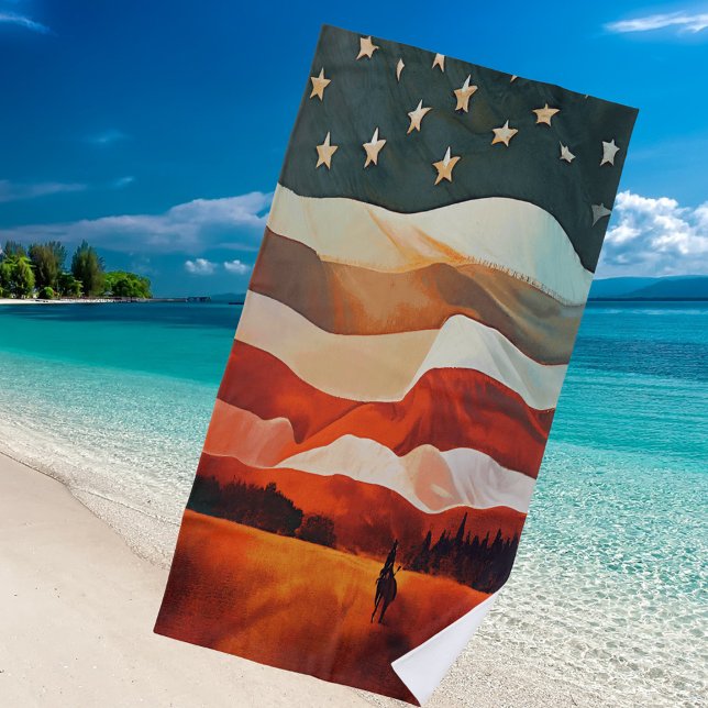 Cowboy Riding into USA Flag Stars Stripes Sunset Beach Towel (Creator Uploaded)