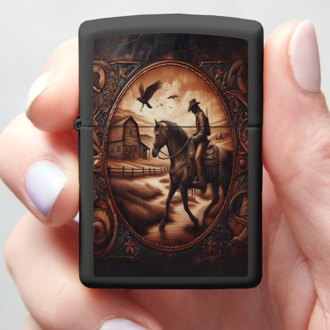 Cowboy Riding Through Sunset Zippo Lighter (In Hand)
