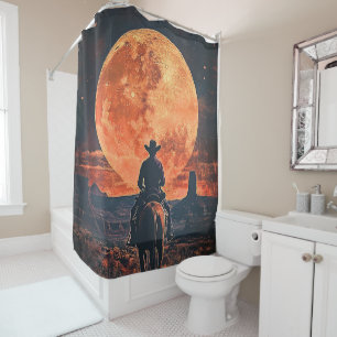Cowboy Riding Towards Orange Full Moon Shower Curtain