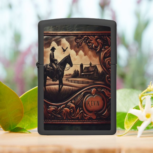 Cowboy Riding Towards Sunset Zippo Lighter (On Table)