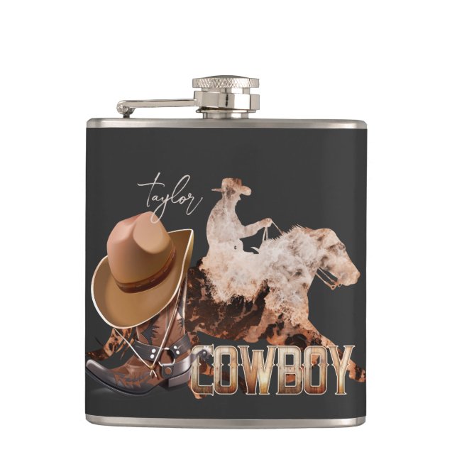 Cowboy riding western boots cowboy hat flask (Front)