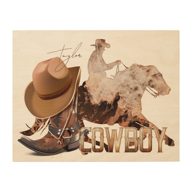 Cowboy riding western boots cowboy hat wood wall art (Front)