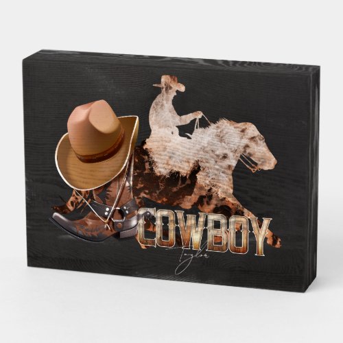 Cowboy riding western boots cowboy hat wooden box sign
