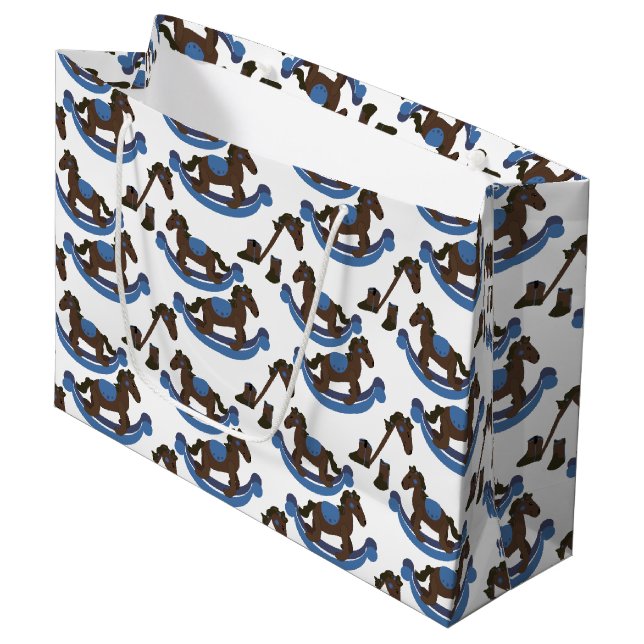 Cowboy Rocking Horse Blue Baby Large Gift Bag (Front Angled)
