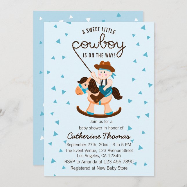 Cowboy Rocking Horse Blue Boy Baby Shower  Invitation (Front/Back)