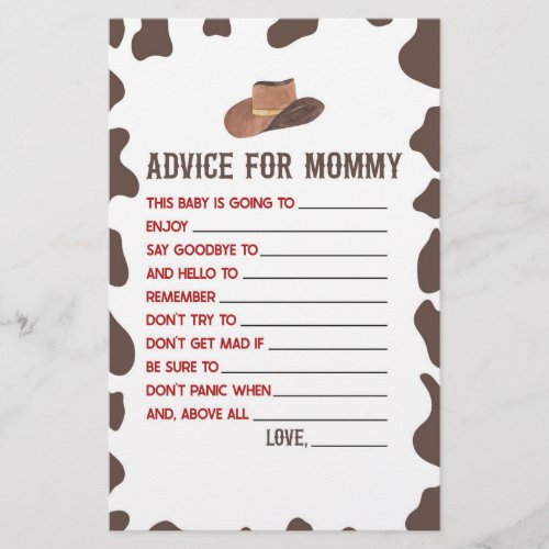 Cowboy Rodeo Advice Baby Shower Game Activity Stationery