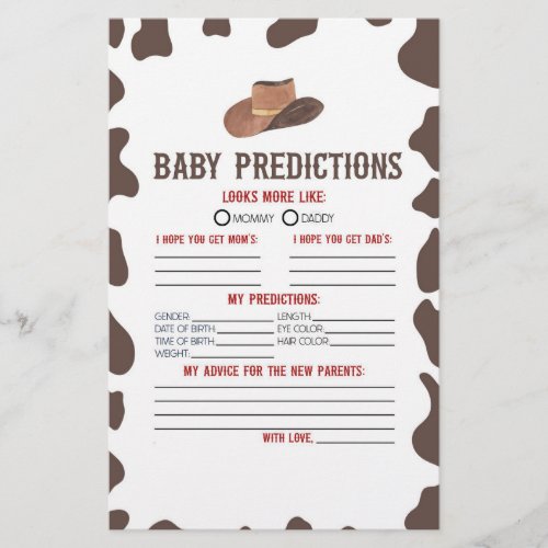 Cowboy Rodeo Baby Shower Predictions Activity Stationery