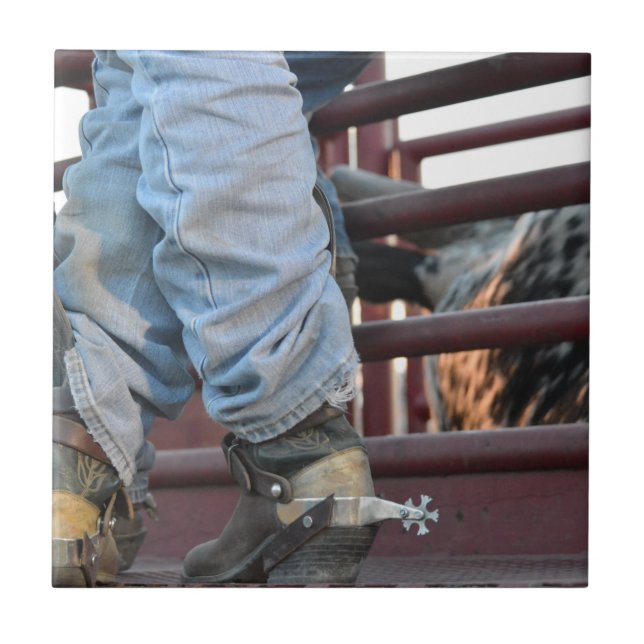 Cowboy Rodeo Bull Rider And Bull Chute Ceramic Tile (Front)