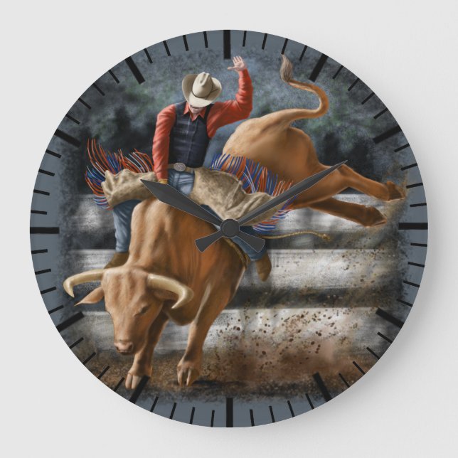 Cowboy Rodeo Rider Bucking Bull Western Theme Large Clock (Front)