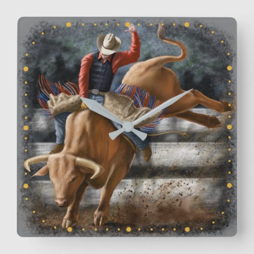 Cowboy Rodeo Rider Bucking Bull Western Theme Square Wall Clock