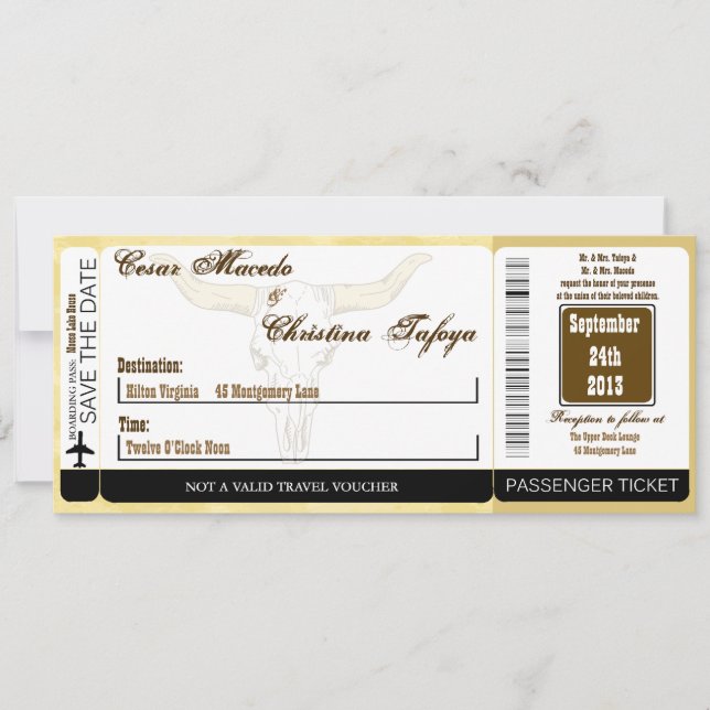 Cowboy Rodeo Stee Boarding Pass Wedding Invitation (Front)