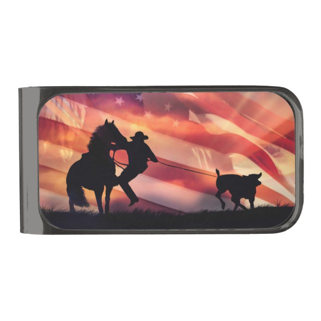Cowboy Rodeo Steer Roping American Flag Gunmetal Finish Money Clip (Front)