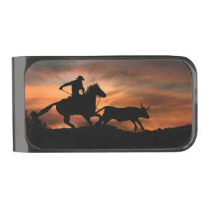 Cowboy Rodeo Steer Roping Country Western Gunmetal Finish Money Clip