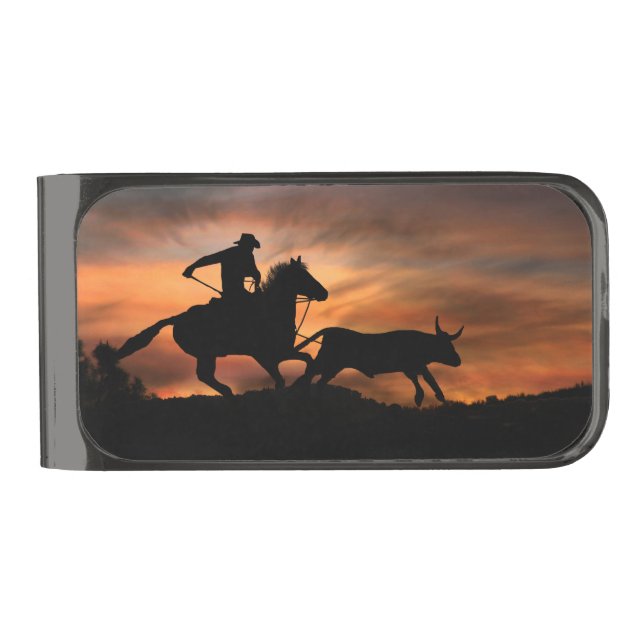 Cowboy Rodeo Steer Roping Country Western Gunmetal Finish Money Clip (Front)
