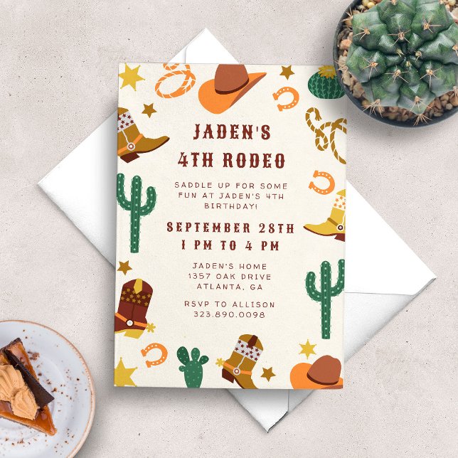 Cowboy Rodeo Western Birthday Party Invitation (Cowboy themed boy's birthday party invitation with cacti, cowboy boots, hats, lassos and more.)