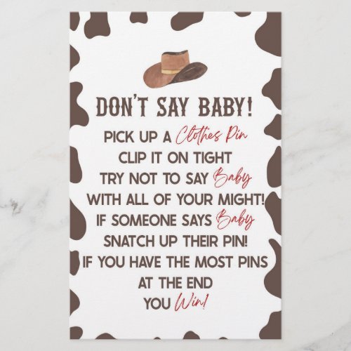 Cowboy Rodeo Western Dont Say Baby Shower Game Stationery