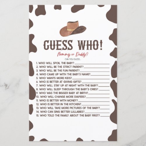 Cowboy Rodeo Western Guess Who Baby Shower Game