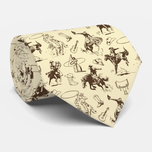 Cowboy Rodeo Western Horses Beige Brown Neck Tie