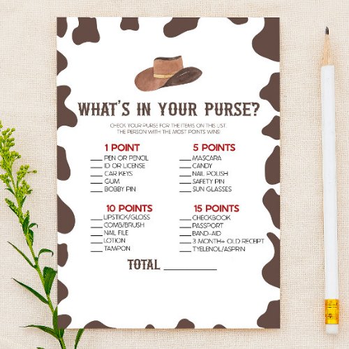 Cowboy Rodeo Whats In Purse Baby Shower Game Stationery