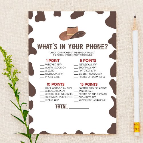 Cowboy Rodeo Whats In Your Phone Baby Shower Game Stationery