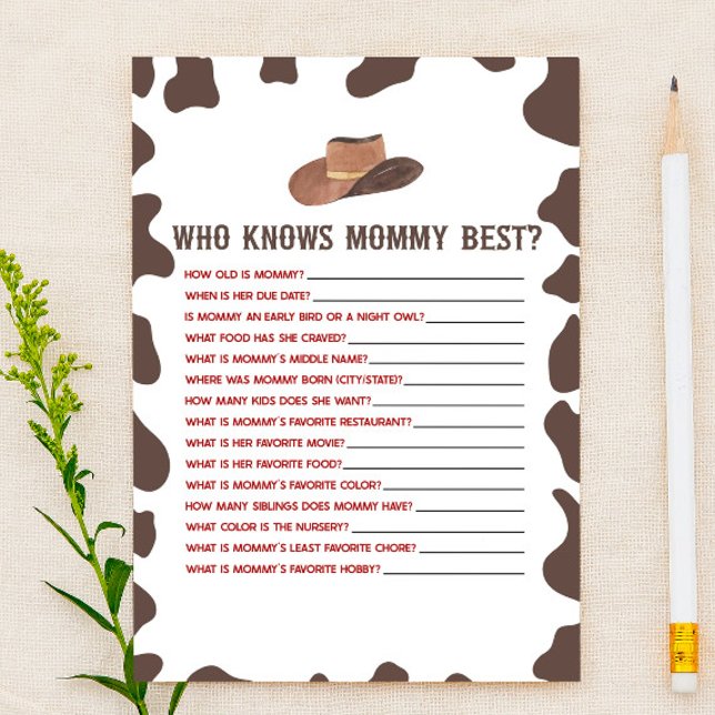 Cowboy Rodeo Who Knows Mommy Baby Shower Game Stationery (Creator Uploaded)