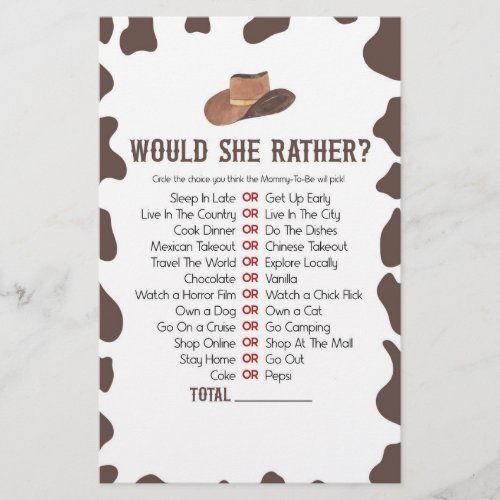 Cowboy Rodeo Would She Rather Baby Shower Game Stationery