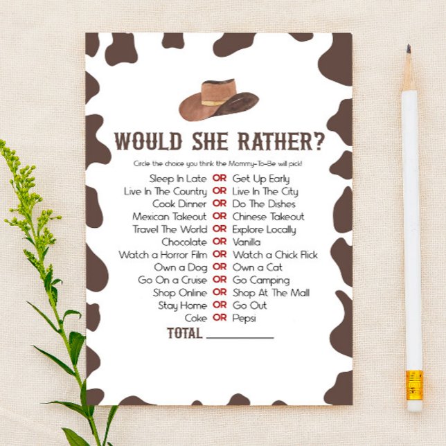 Cowboy Rodeo Would She Rather Baby Shower Game Stationery (Creator Uploaded)