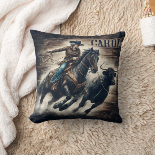 Cowboy Roping a Bull at Rodeo Event Throw Pillow