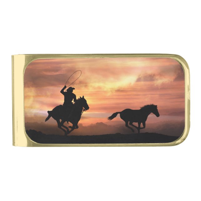 Cowboy Roping a Wild Horse Money Clip (Front)