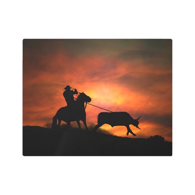 Cowboy Roping Art Country Western Red Sunset (Front)