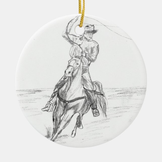 Cowboy Roping Ceramic Ornament (Front)