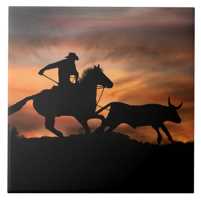 Cowboy Roping Steer at Sunset Ceramic Tile (Front)