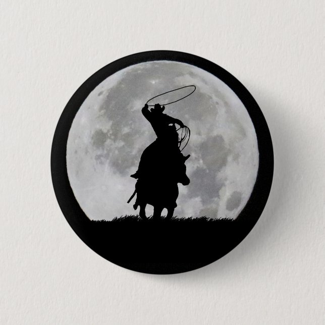 Cowboy Roping Steer in the Full Moonlight Surreal Button (Front)