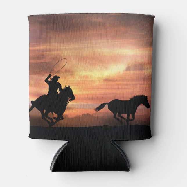 Cowboy Roping Wild Horse Western Can Cooler (Front)