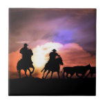 Cowboy round up/ cattle drive tile<br><div class="desc">A pair of ropers driving their cattle home in a southwestern sunset.  A pretty country western art tile.</div>