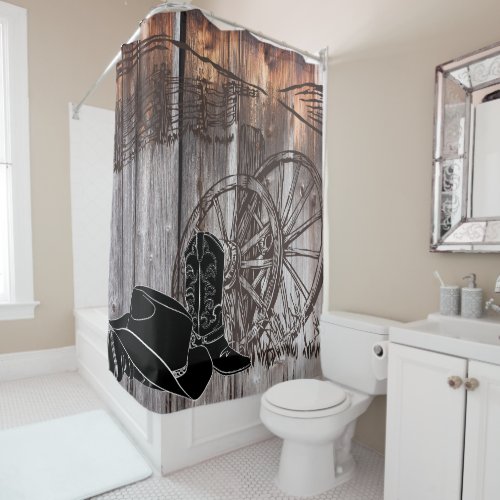 Cowboy Rustic Barnwood Wagon Wheel Shower Curtain