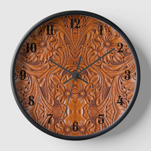 Cowboy Rustic cabin western country leather print Clock (Front)