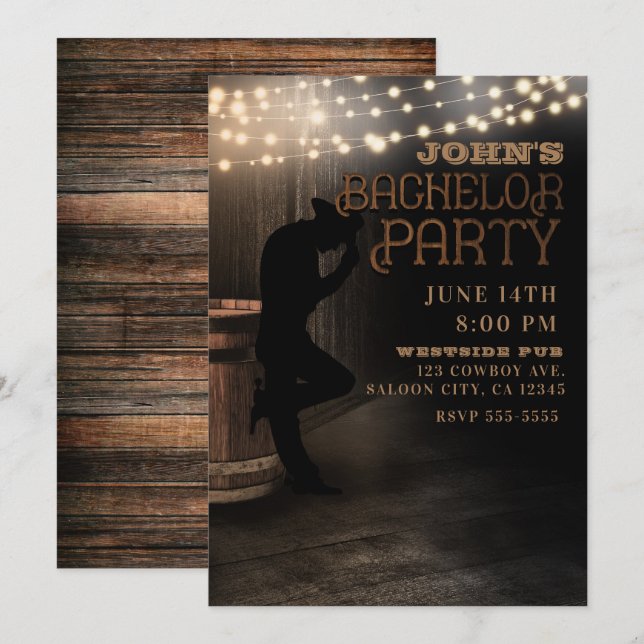 Cowboy Rustic Country Saloon Pub Bachelor Party Invitation (Front/Back)
