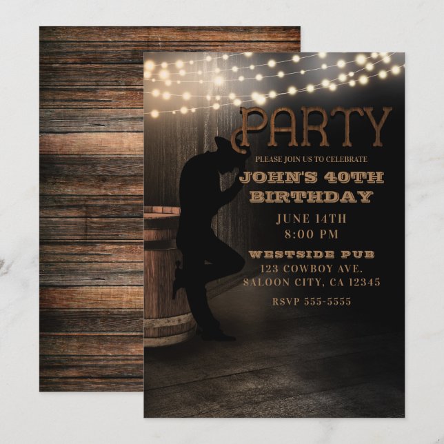 Cowboy Rustic Country Saloon Pub Birthday Party Invitation (Front/Back)