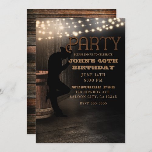 Cowboy Rustic Country Saloon Pub Birthday Party Invitation