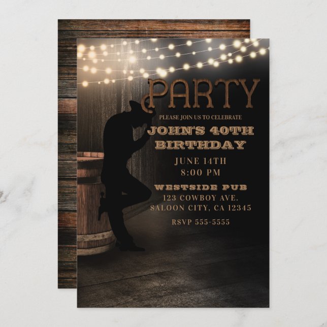 Cowboy Rustic Country Saloon Pub Birthday Party Invitation (Front/Back)