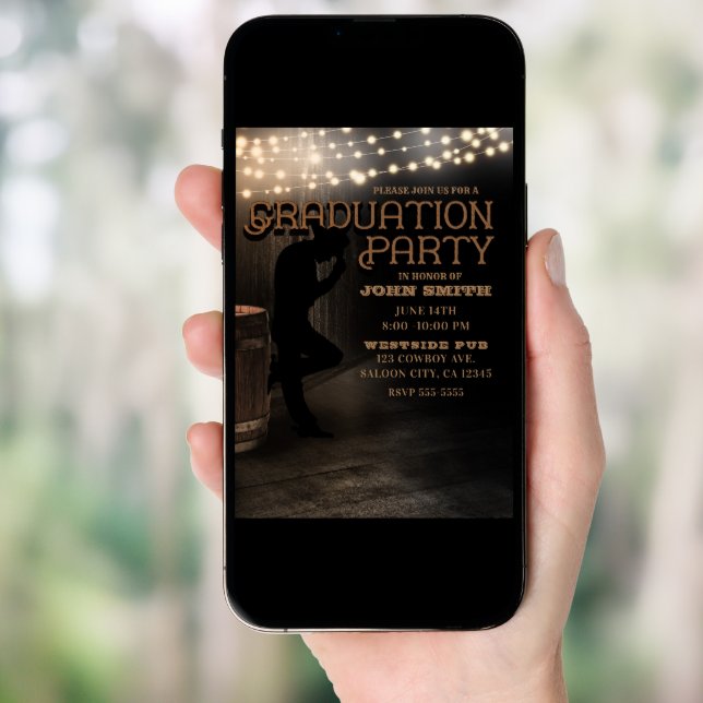 Cowboy Rustic Country Saloon Pub Graduation Party Invitation (Front Digital)