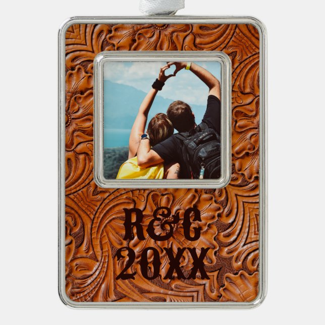 Cowboy Rustic western country tooled leather photo Christmas Ornament (Front)