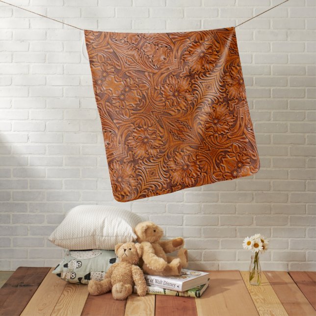 Cowboy Rustic western country tooled leather print Baby Blanket (In Situ)
