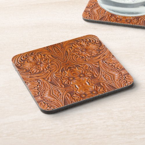 Cowboy Rustic western country tooled leather print Beverage Coaster