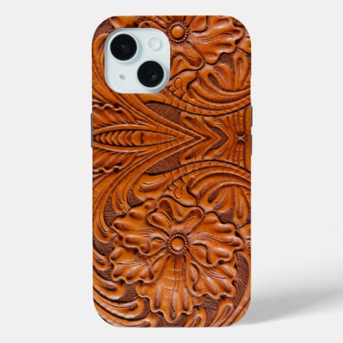 Cowboy Rustic western country tooled leather print iPhone 15 Case